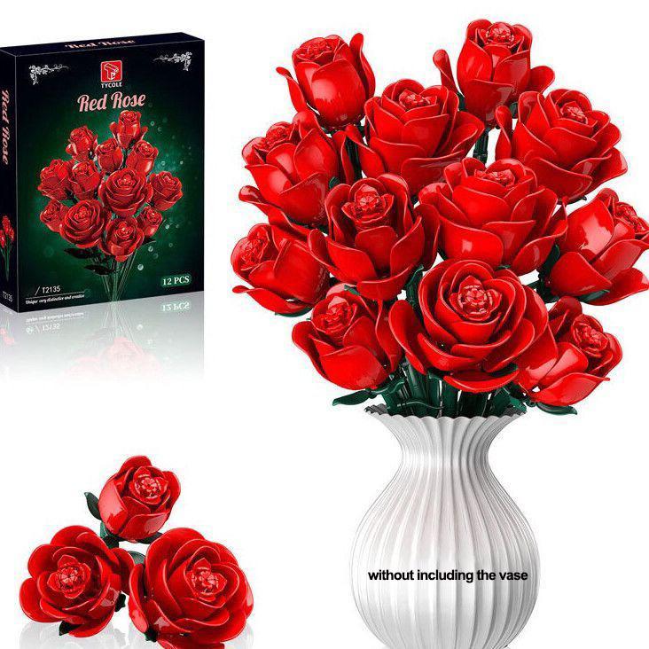 Red Rose Flower Bouquet Building Blocks Toys Home Desk Plant Decoration Assemble Brick Toy Valentine'S Day Gift For Kid Girl Lad