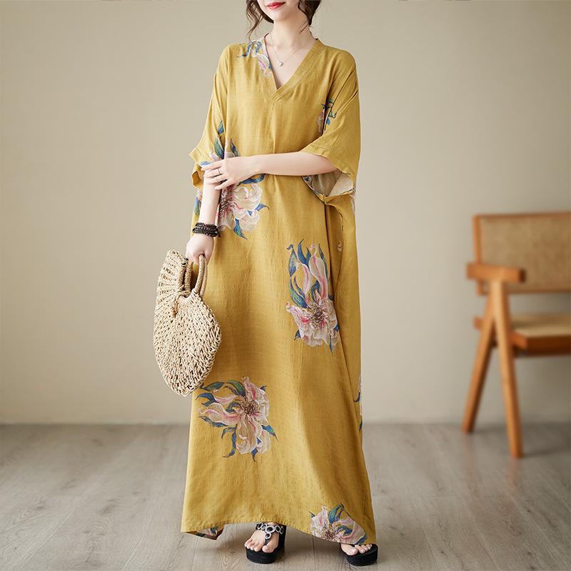 Real Shot Summer V-neck Thin Cotton and Linen Large Size Loose Literary Holiday Wind Beach Skirt Retro Long Robe