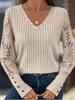 Lace Spliced Long Sleeve Elegant Blouse 2026 Autumn Women's V-Neck Ribbed Knitted Lace Top Slim Base Layer Solid Color Blouse Loose Sweet Clothes