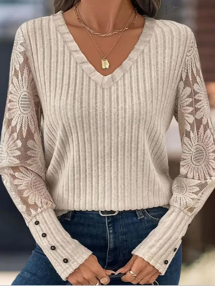 Lace Spliced Long Sleeve Elegant Blouse 2026 Autumn Women's V-Neck Ribbed Knitted Lace Top Slim Base Layer Solid Color Blouse Loose Sweet Clothes