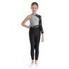 Girls Glittery Gymnastics Jumpsuit One Shoulder Sheer Mesh Long Sleeve Rhinestone Bodysuit Skating Wear