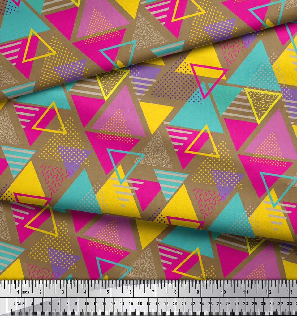 Soimoi Black Japan Crepe Satin Fabric Triangle Art Geometric Print Fabric by the Metre 42 Inch