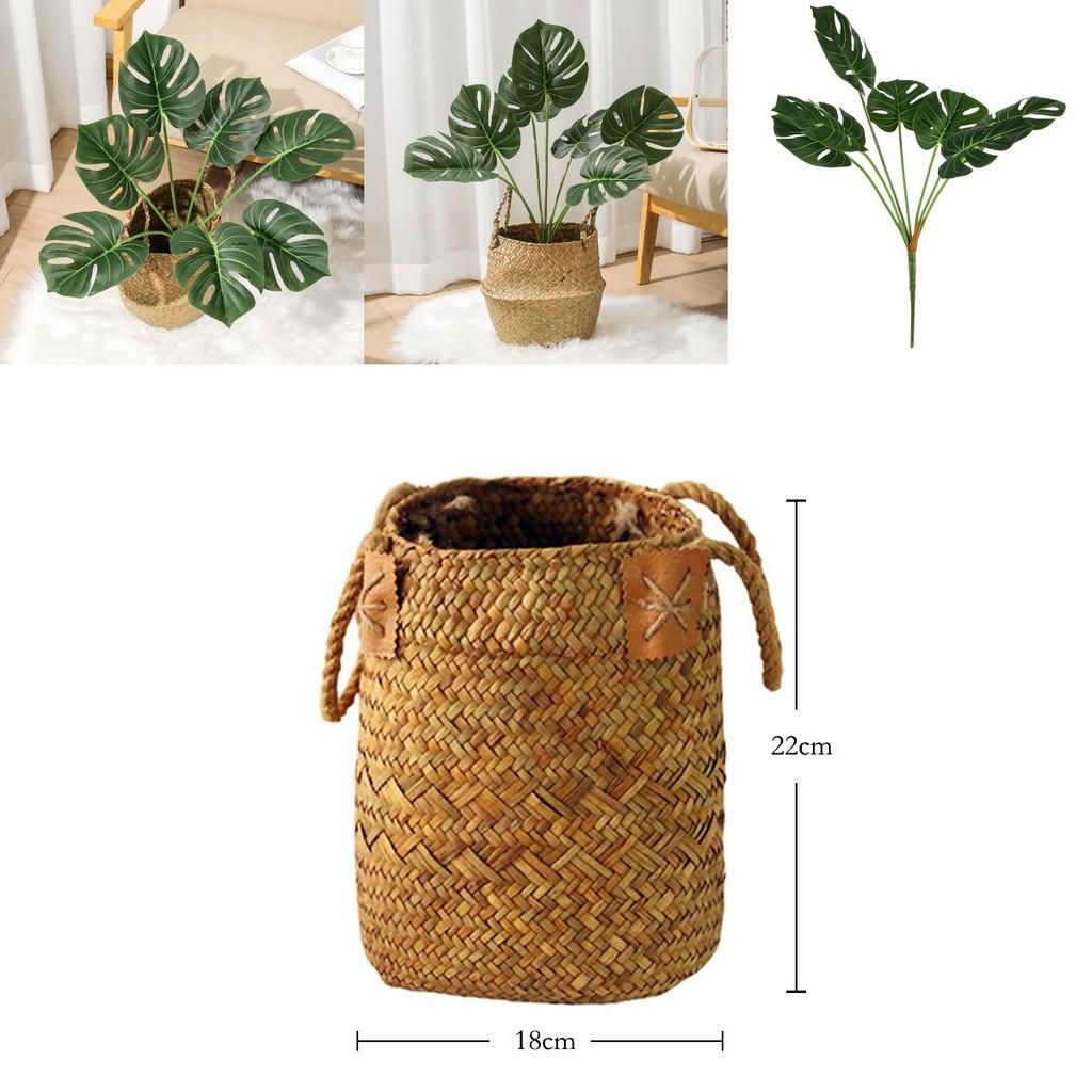 Künstliche Monstera Deliciosa Liebm Blattpflanze für Wohnzimmerdekoration mit handgeflochtenem Seegraskorb