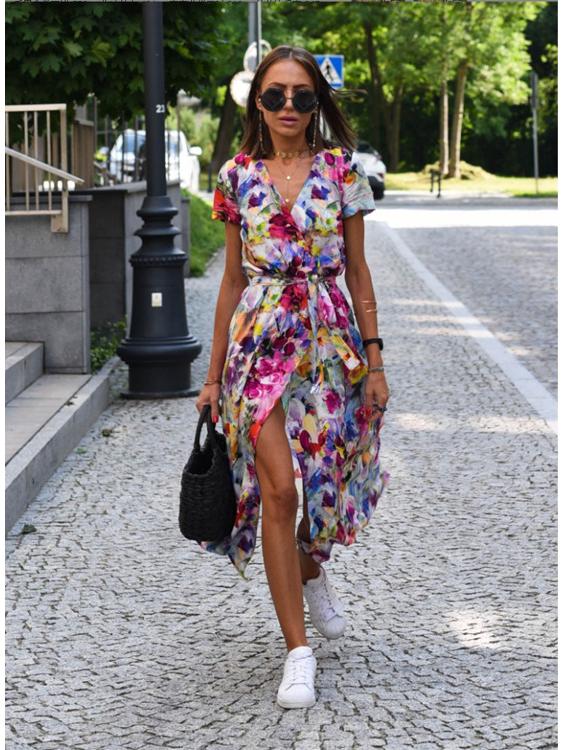 2026 European & American Women's Summer V-neck Floral Lace-up Dress