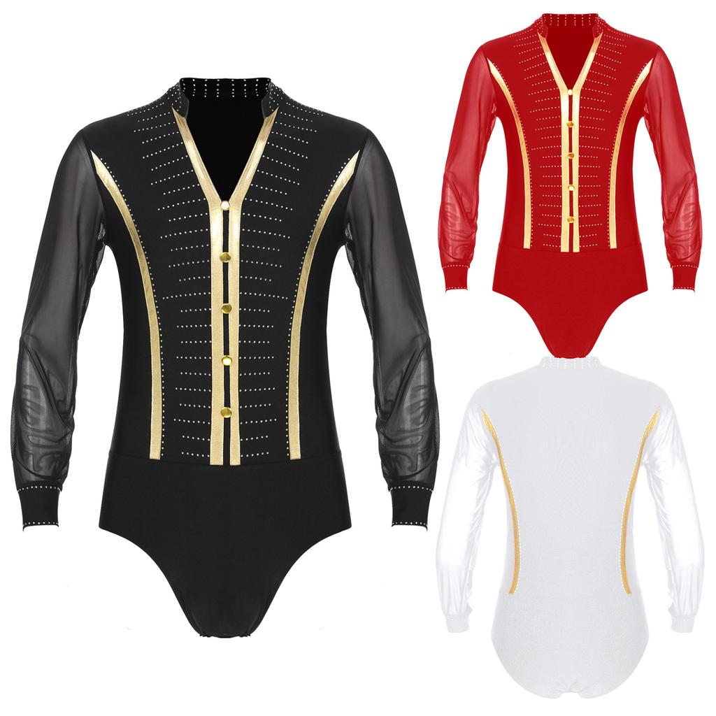 Pánské třpytivé taneční košile s kamínky Unitard taneční oblečení moderní latina s dlouhým rukávem