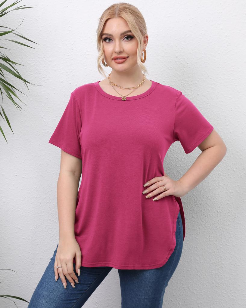 Dámský ležérní jednoduchý top s kulatým výstřihem a krátkým rukávem s rozparkem, pohodlné dámské oblečení