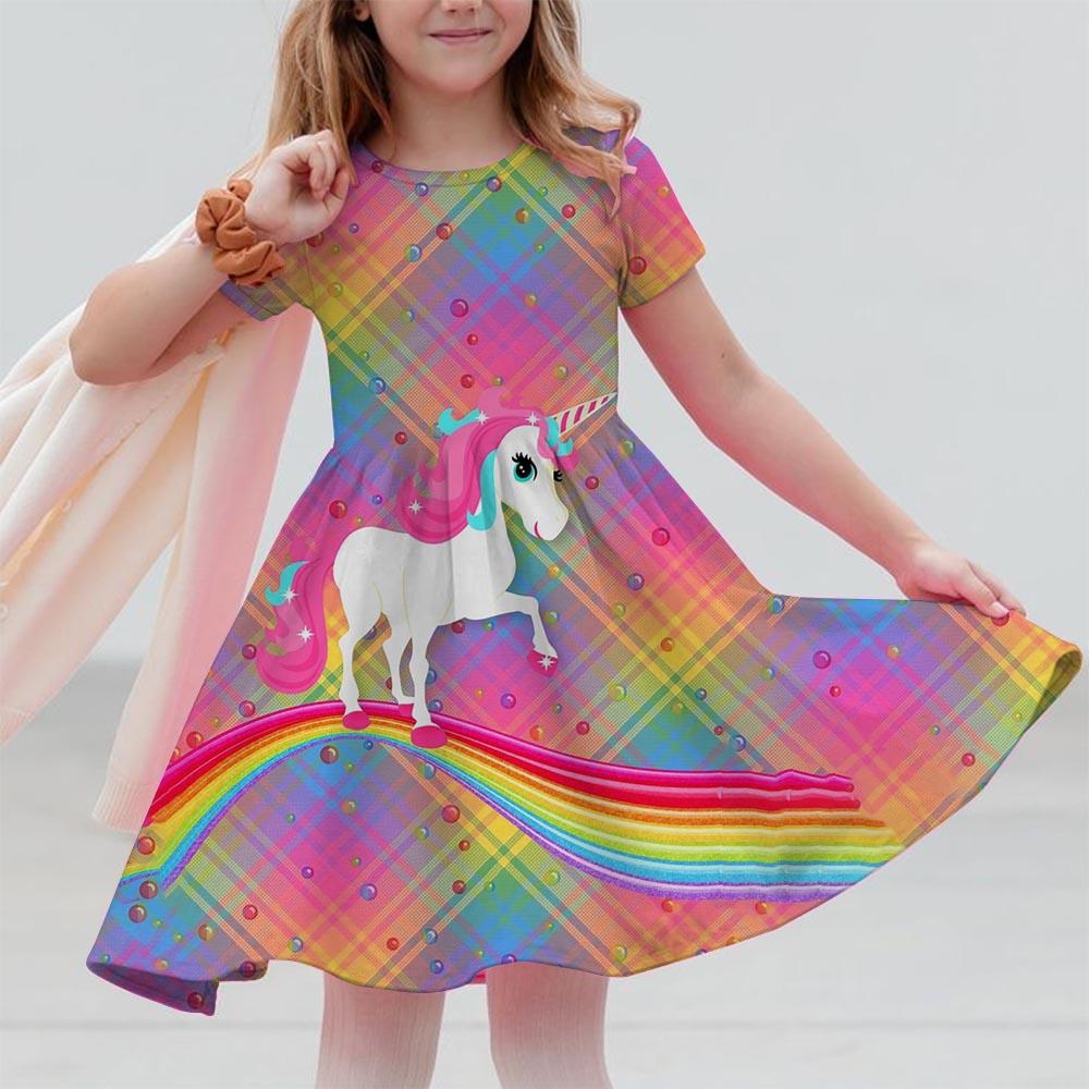 Robes d'été pour filles Licorne Enfants Robe à manches courtes Dessin animé Tout-petits Décontracté Robes droites Vêtements pour enfants 3-12 ans