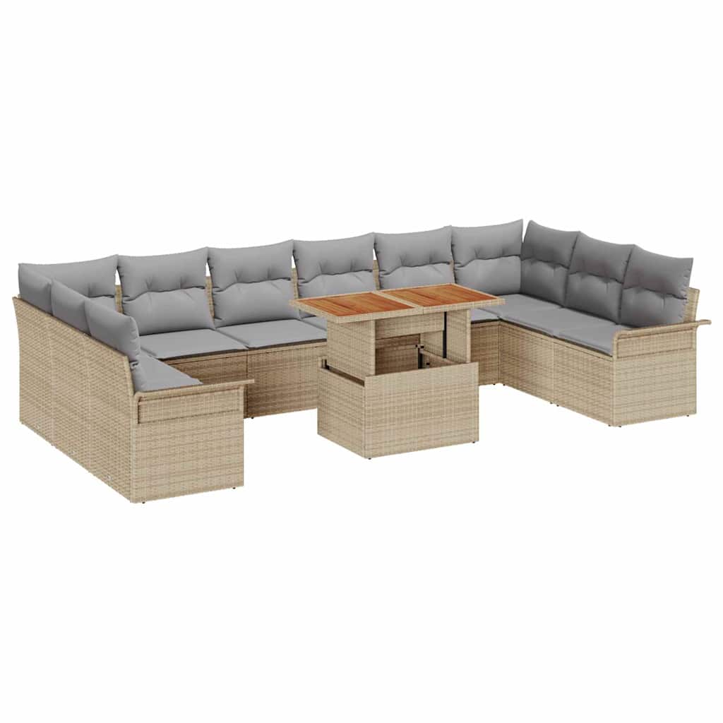 11 Piece Garden Sofa Set with Cushions Beige and Light Grey Poly Rattan
