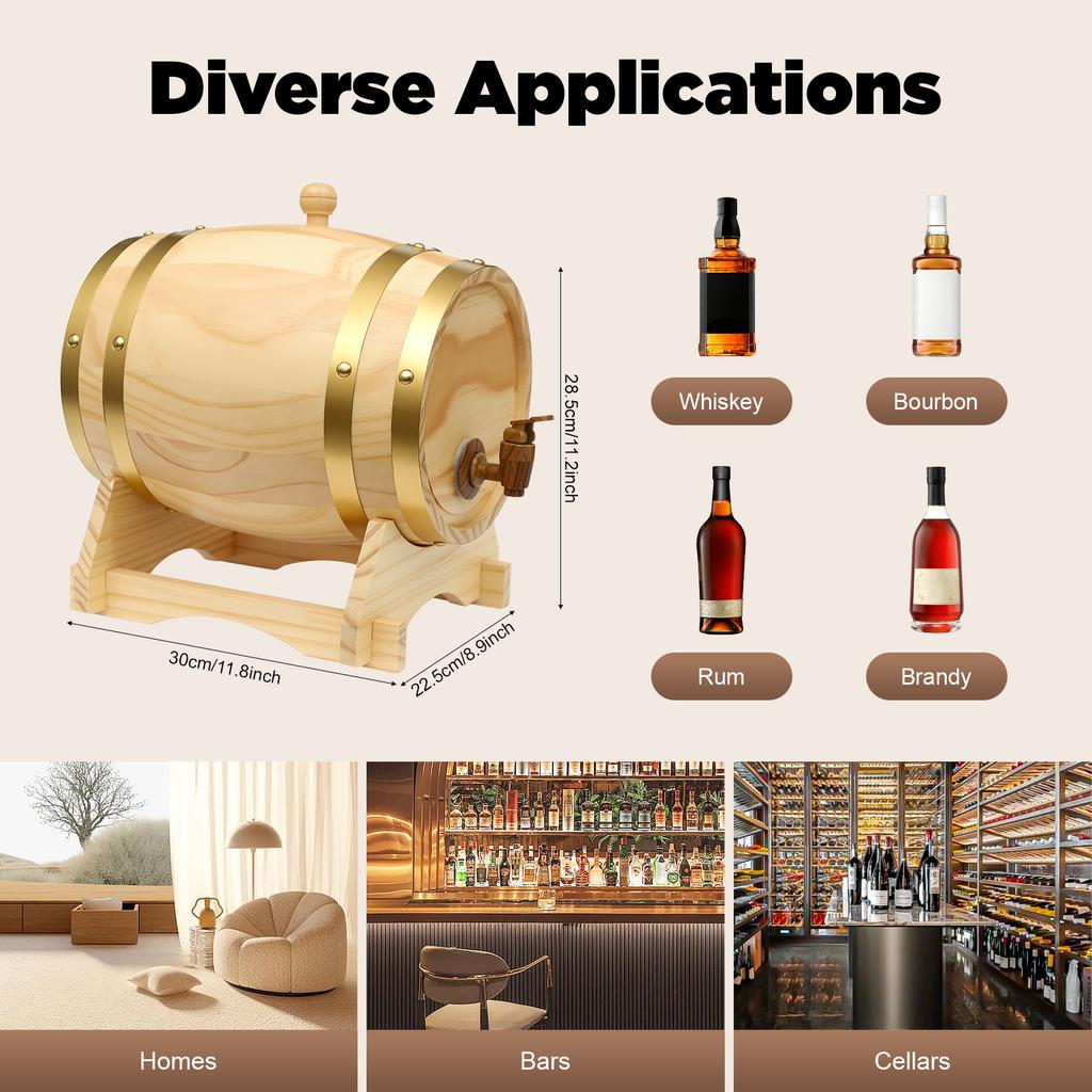 5L Pine Wood Whiskey/Beer Fermentation Barrel | Hand-Crafted Natural Wood Grain Design, Wine Storage & Party Dispensing Durable Pine Wood Construction