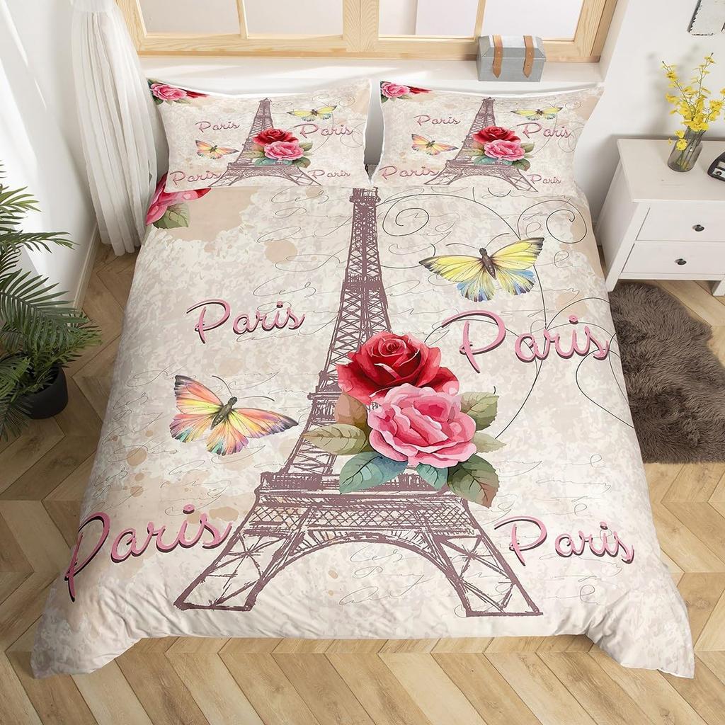 Vintage Eiffelturm Doppel-King Bettbezug, Romantisches Paris Blumen Bettwäsche-Set für Kinder Erwachsene, Französischer Stil Blumen Bettdeckenbezug