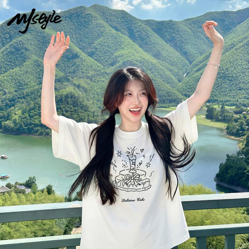 MJ STYLE Hand-drawn Cake Short Sleeve T-shirt S