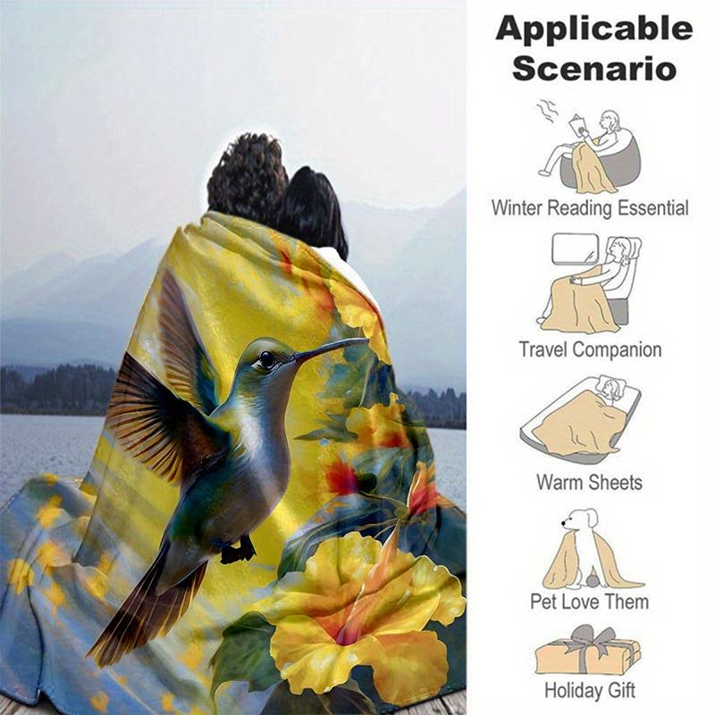 1pc Yellow Flowers & Hummingbird Themed Blanket  Cute Design for Room Decor, Soft Perfect as Birthday Gift or