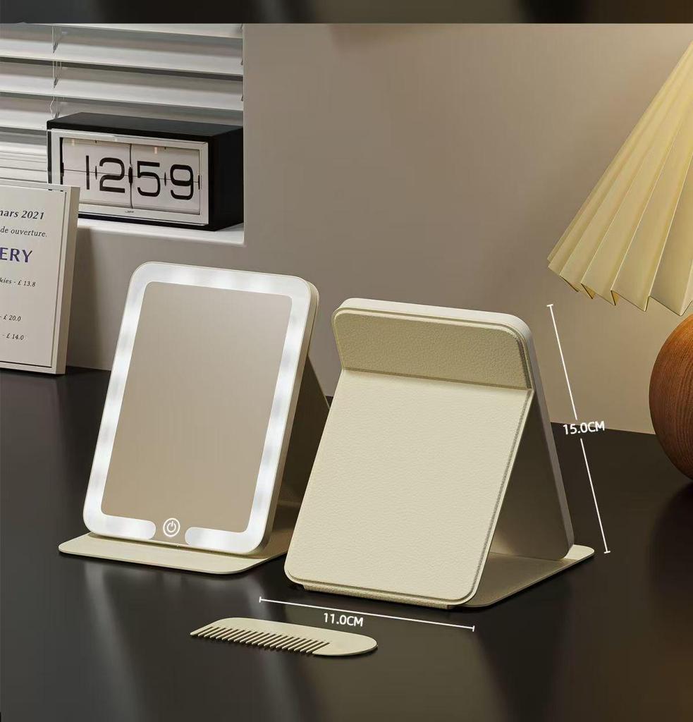 LED Folding Makeup Mirror with Comb – Compact, Lighted, and Convenient for Desktop Use
