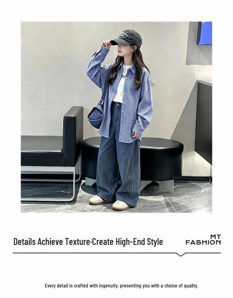 Girls' Autumn 2026 Korean Plaid Long Sleeve Cardigan Shirt
