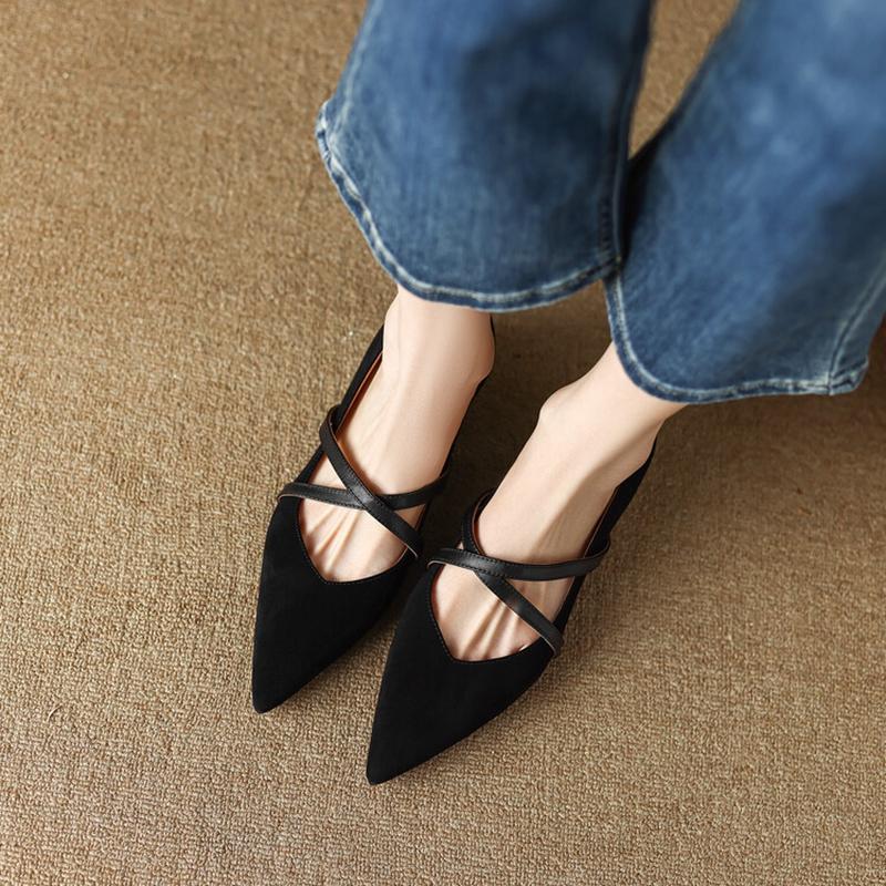 Frühling/Herbst Damenpumps Schafveloursleder Schuhe für Damen Spitzschuh Niedriger Absatz Damenschuhe Überkreuzt Schwarz Schuhe