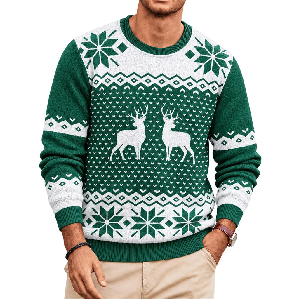 Christmas Floral Print Men's Crewneck Sweater, Casual Holiday Pullover