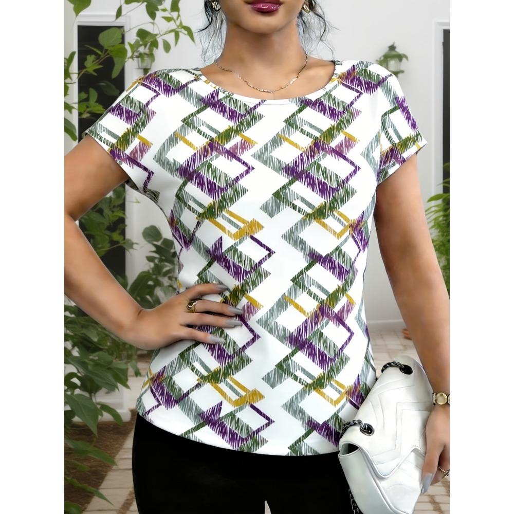 Women s Daily Simple and Stylish Geometric Print Casual Elegant Short-Sleeve Top Shirt S