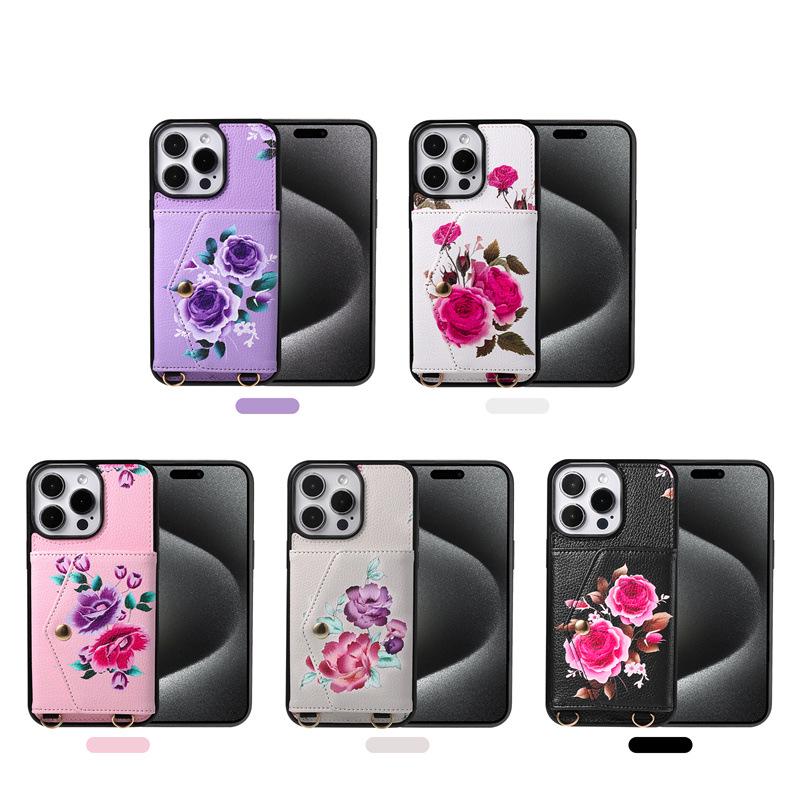 Flower Crossbody Card Holder Case with Lanyard for iPhone 13, 14, 16, 17 Pro