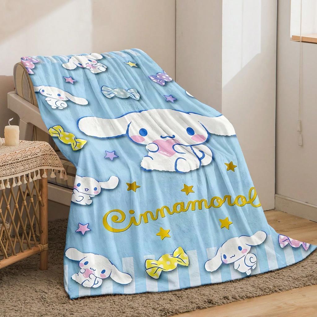 1pc Sanrio Cinnamoroll Flannel Blanket - 2D Single-Sided Print, Blue Candy Star Pattern, Bedroom Living Room Camping Throw