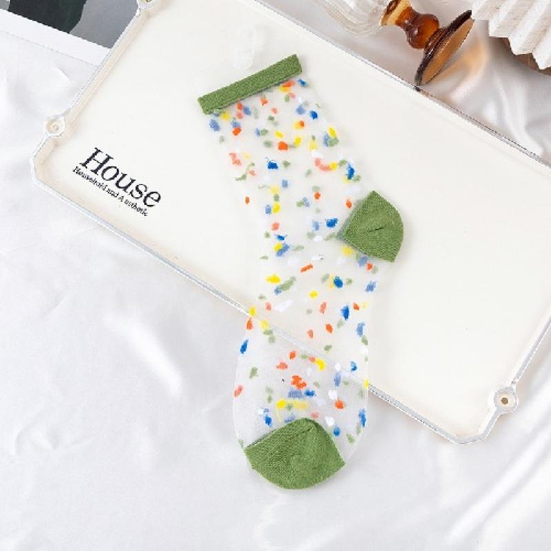 Ultra-thin Transparent Crystal Silk Socks Women Fashion Summer Harajuku Crew Socks Retro Flower Streetwear Elastic Long Socks