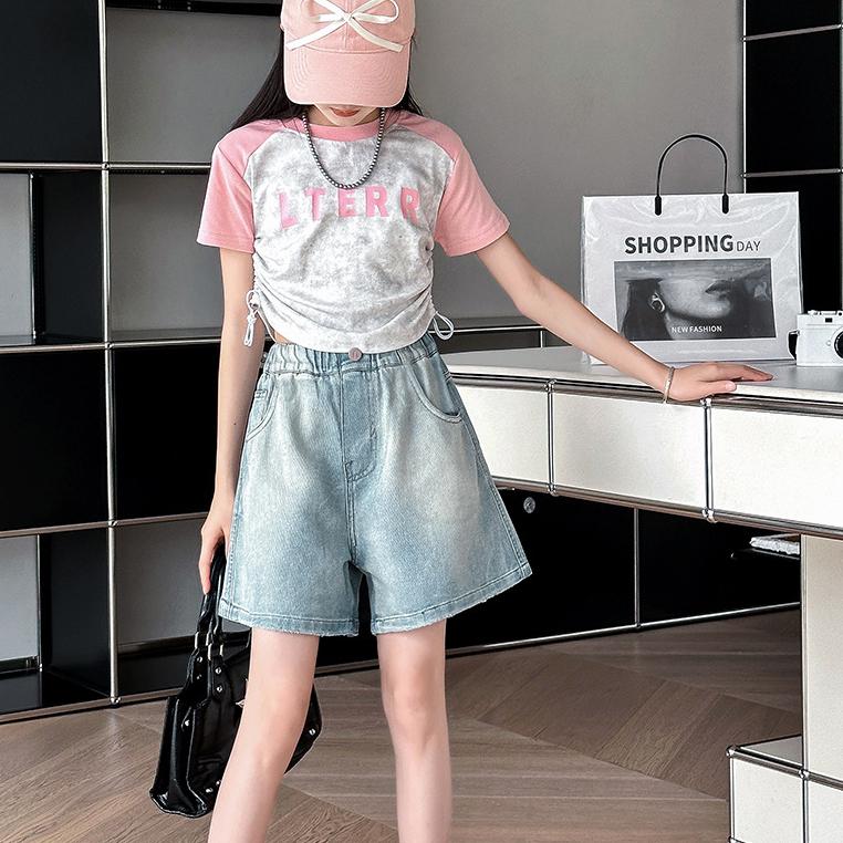 Girls' Summer Clothes Denim Shorts Versatile Outerwear Mid Length Pants Children's Casual Pants Women's Summer Cropped Pants