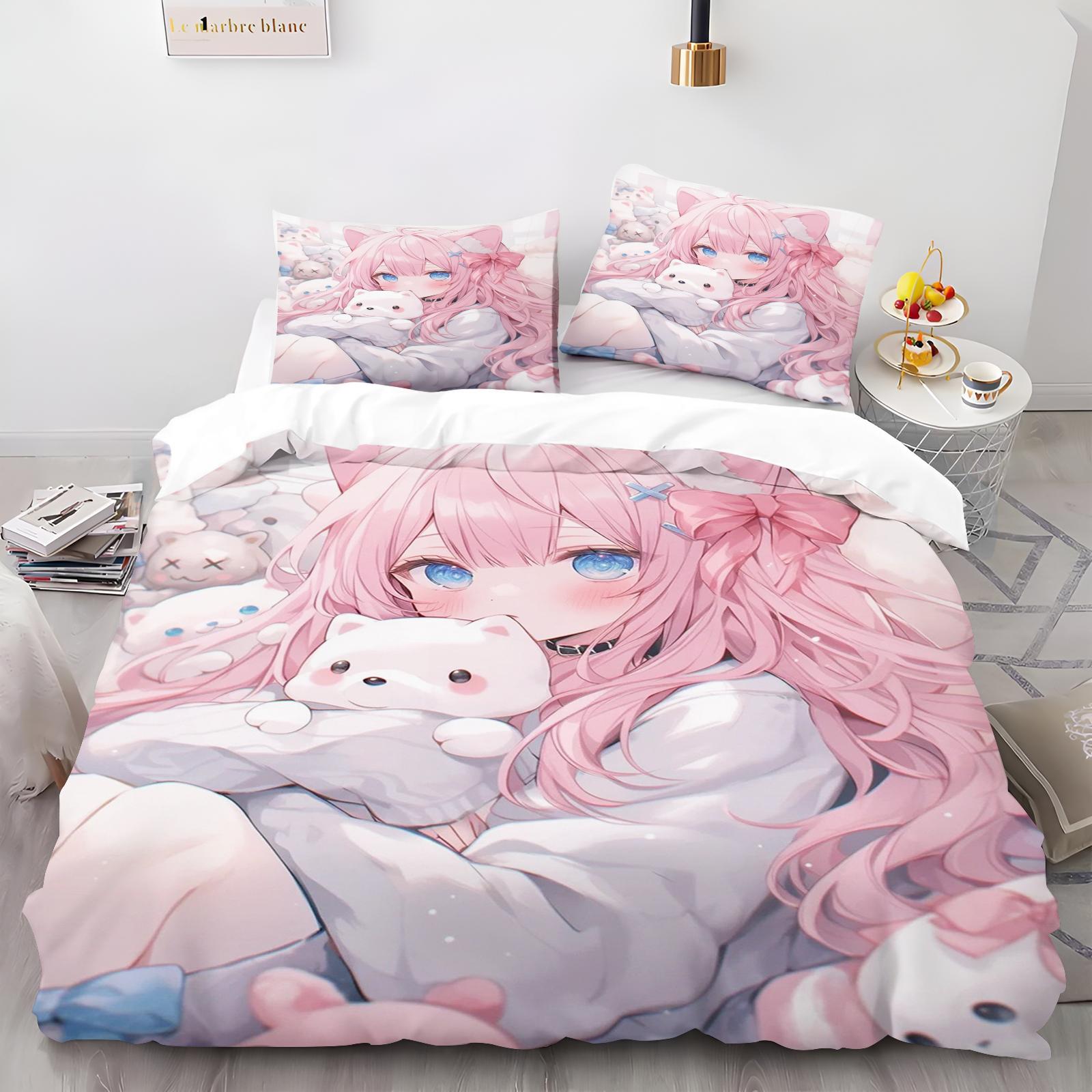 

Beautiful Girl Duvet Cover Animal Cartoon 3-Piece Set Children Cute Polyester Soft Breathable Comforter Animation Bedding 135x200cm