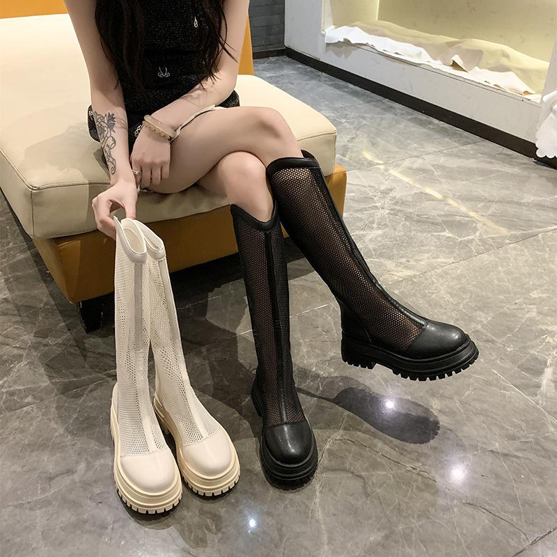 Summer soft leather mesh breathable women's boots are thin and fat mm hollow thick-soled cool boots, summer thin large tube seine boots women