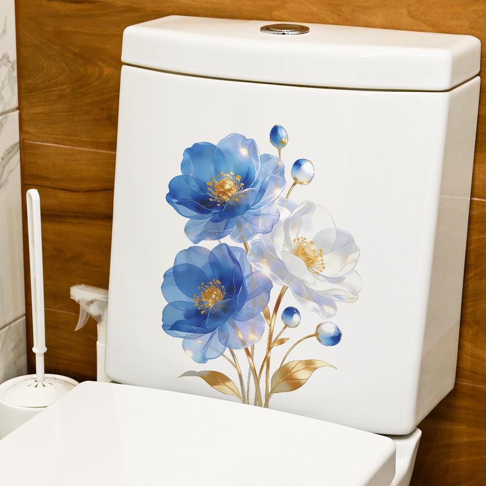 Metallic Blue White Flower Waterproof Self Adhesive Toilet Sticker Bathroom Wall Home Decor
