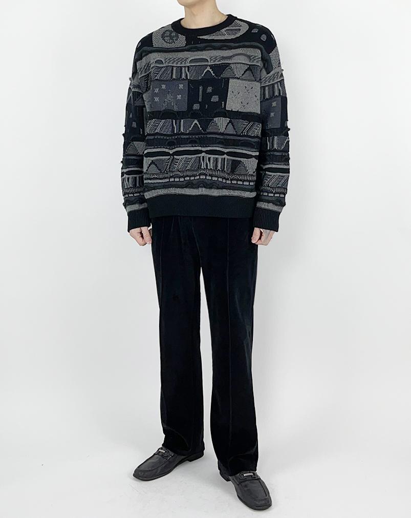 A MADE Pattern Mix Oversized Knit Sweater (Black Gray)
