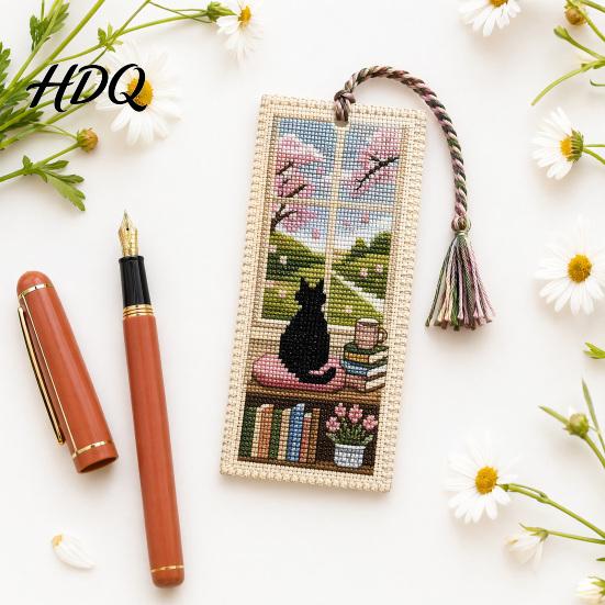 Tassel Bookmark Seasonal Cat Cross-Stitch Bookmark Four Seasons Black with Decor Braided Rope Handcrafted Book Page Marker for Lovers Window Scene