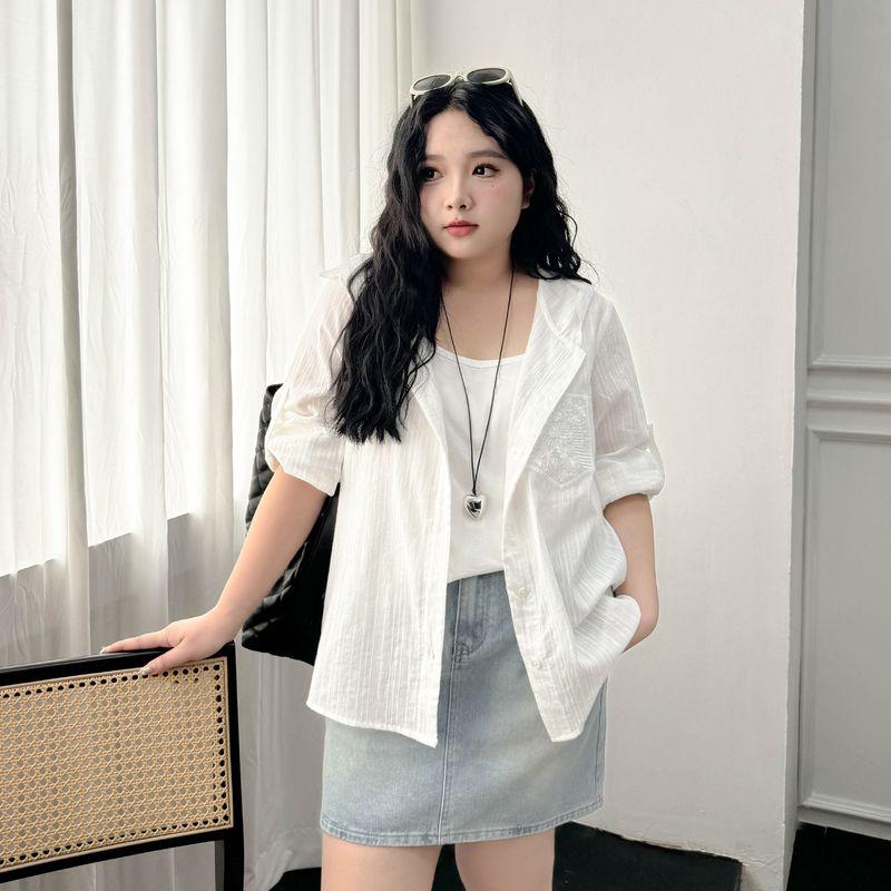 

Limited Edition Plus size women clothing [Korean Series Lazy Shirts] Simple Embroidered Pocket Hood Long sleeve Thin Shirt Outerwear Cheese White 8xl