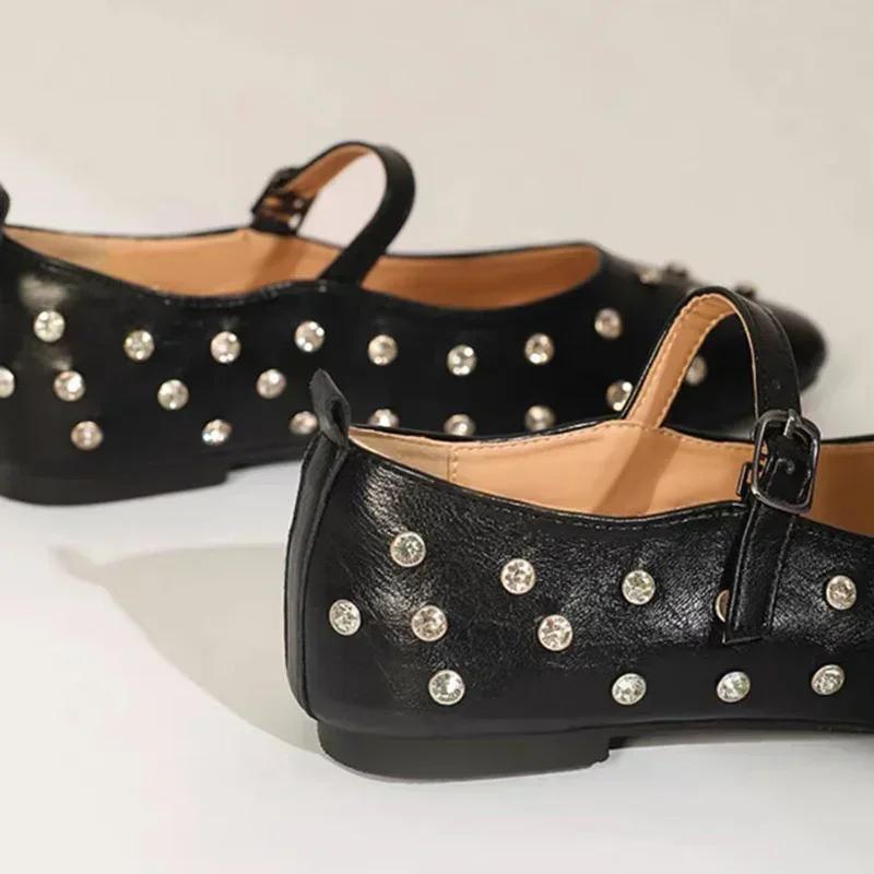 Low Heel Mary Jane Shoes for Women with Rivets and Rhinestones, Comfortable and Stylish Flats for Autumn  flat shoes women
