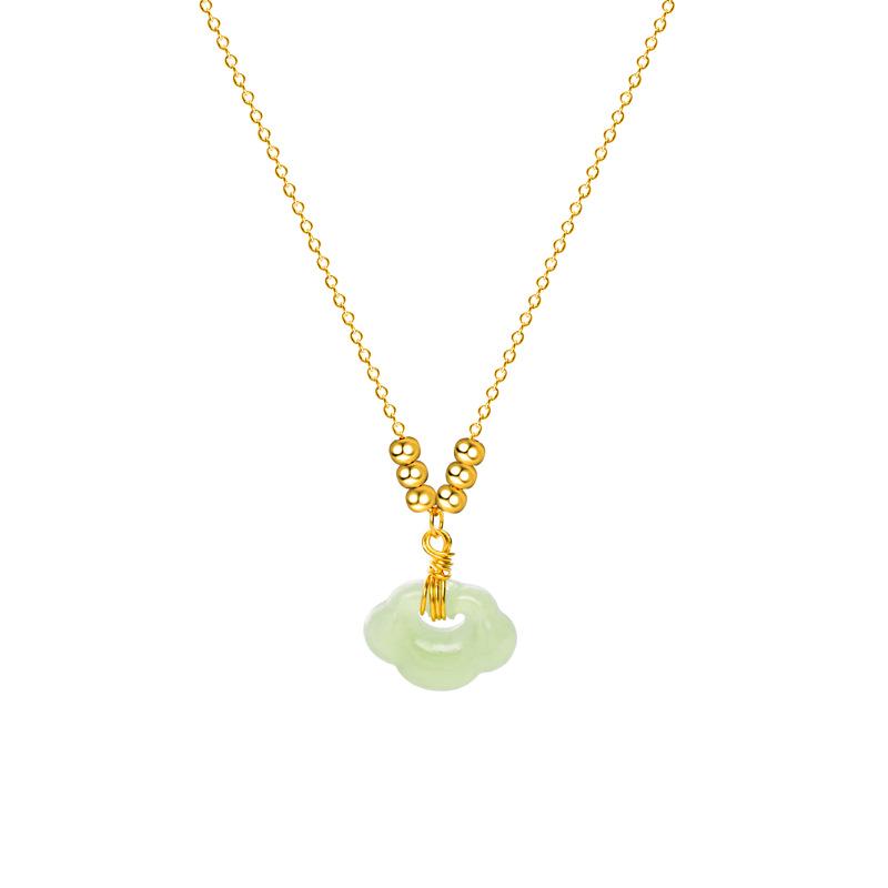 925 Silver Peace Lock Necklace with Hetian Jade & 14K Gold Clavicle Chain, Featuring a Retro Ruyi Longevity Lock Pendant for Women.