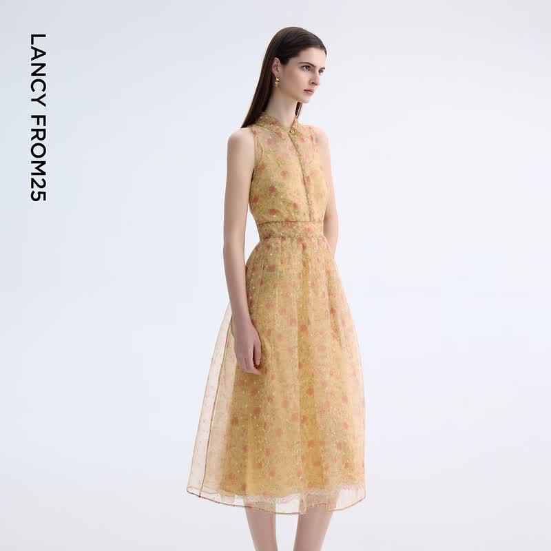 LANGZI Floral Sleeveless Shirt Collar Midi Dress