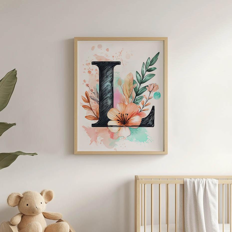 Poster Letter "L" In Floral Composition Poster Letter "L" In Floral Composition, 30X40 Cm, Dark Brown Wooden Frame, 230 Gsm Matte Paper