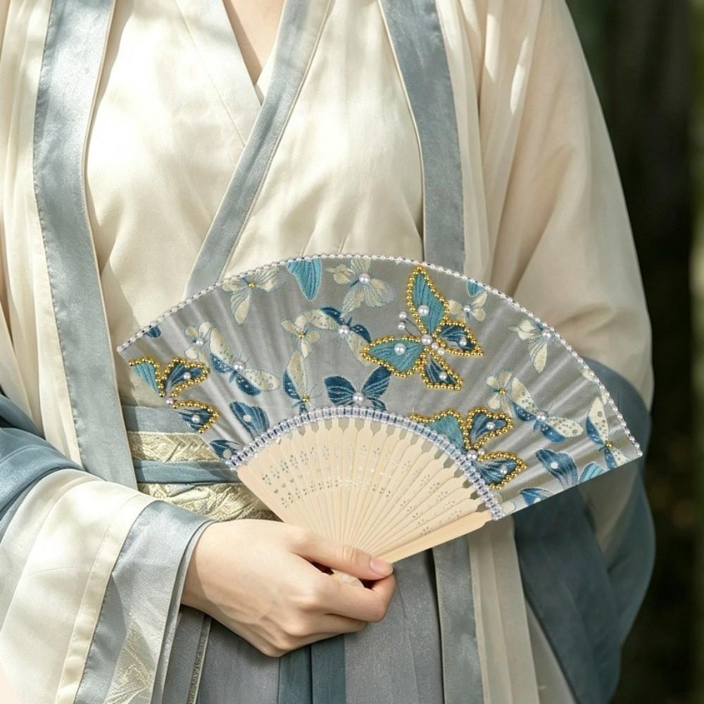 Portable Pearl Folding Fan Butterfly Handmade Fan Vintage Decorative Fan  Home Ornament