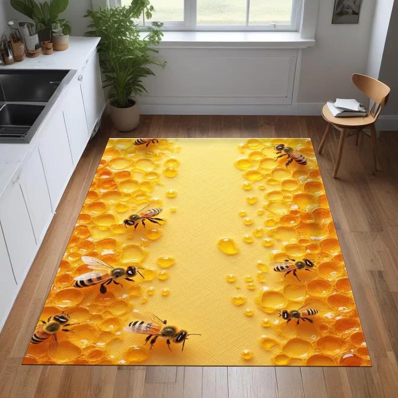 

Honeycomb Kitchen Rug Honey Bee Farmhouse Decor Non-Slip Mat Living Room Bedroom Home Decoration 40x60cm