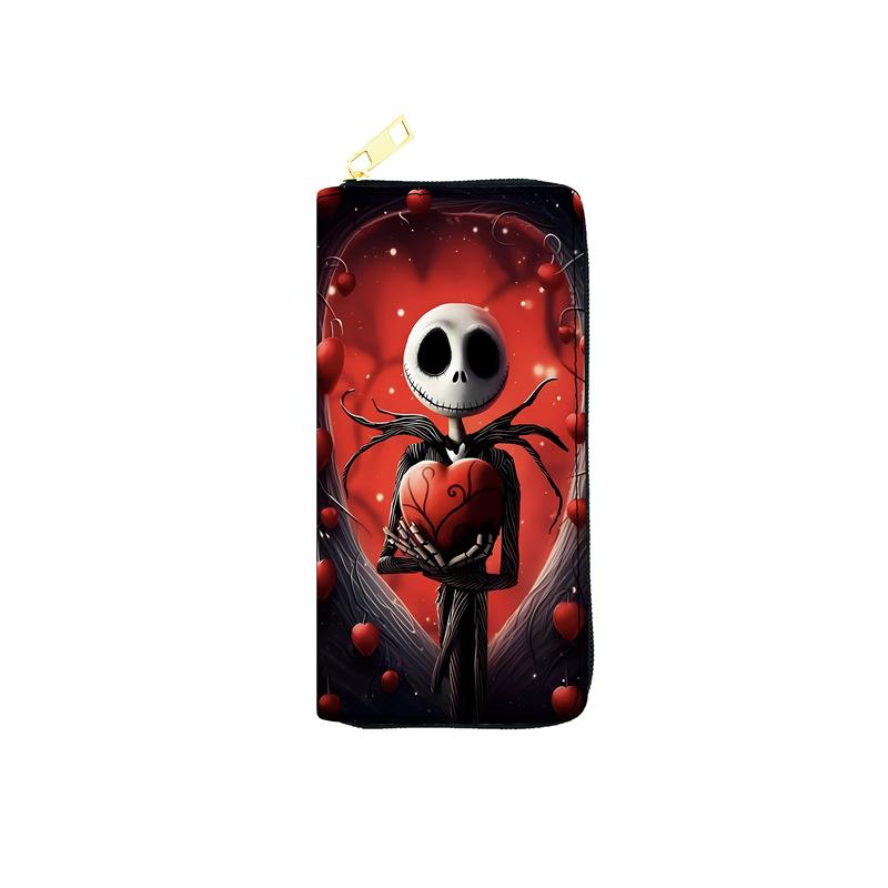 Portefeuille PU Nightmare Before Christmas pour Femme Long Portefeuille à Fermeture Éclair Pochette à Fermeture Éclair Unique Sac à Maquillage Impression Jack Skellington 3 pièces
