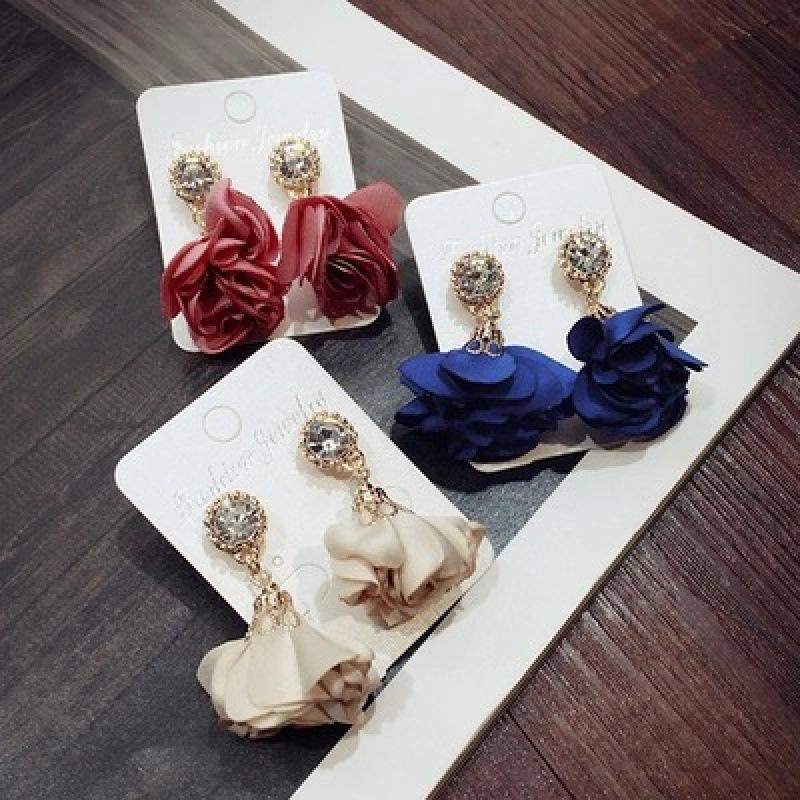 New Fabric Flower Dangle Earrings for Women Crystal Top Luxury Wedding Ear Floral Pendants Hanging Earring