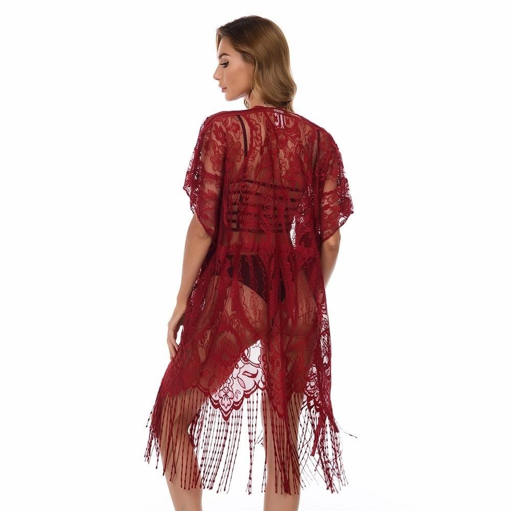 Lace Mesh Bohemian Shawl Tassel Sun-Protective Top Elegant Swimsuit Cover Up Vacation