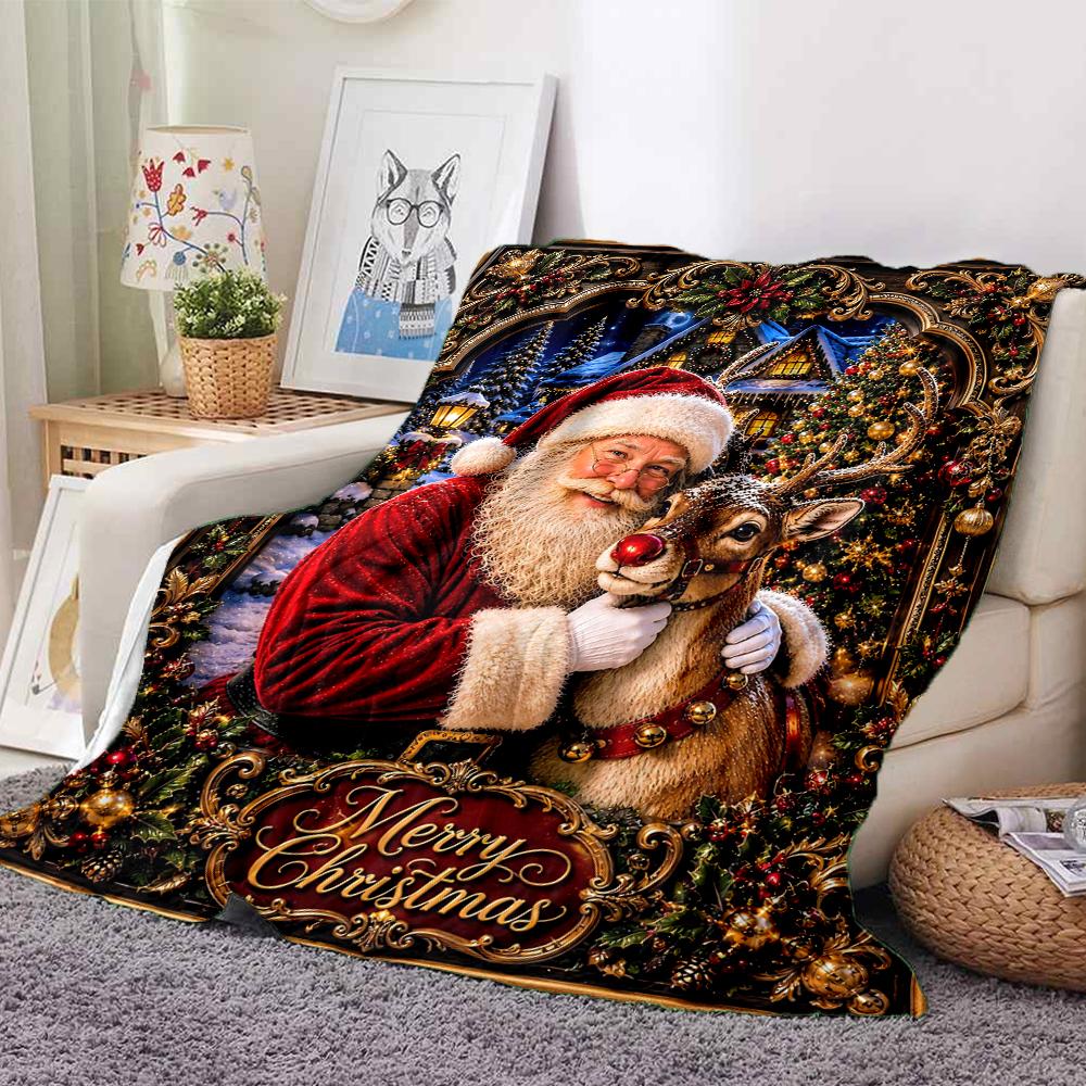 1Pc Christmas Santa Reindeer Blanket Soft And Comfortable Casual Warm Camping Travel Christmas Halloween Gift M91724