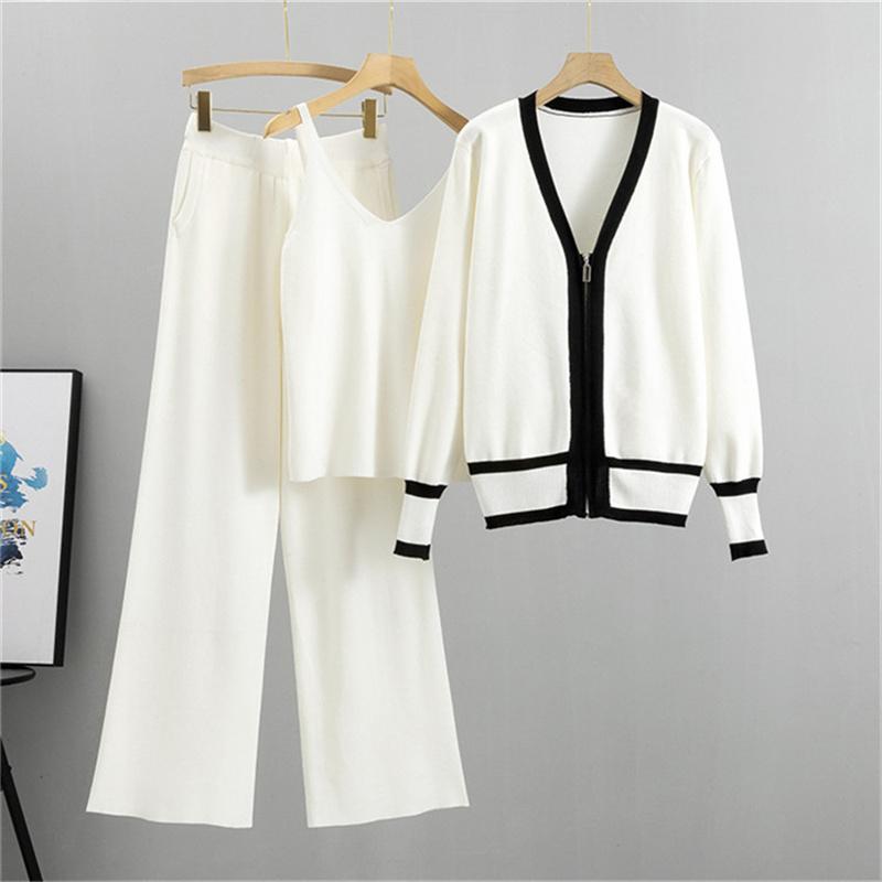 Autumn And Winter Women's Knitted Suit Cardigan Camisole Wide Leg Pants Suit