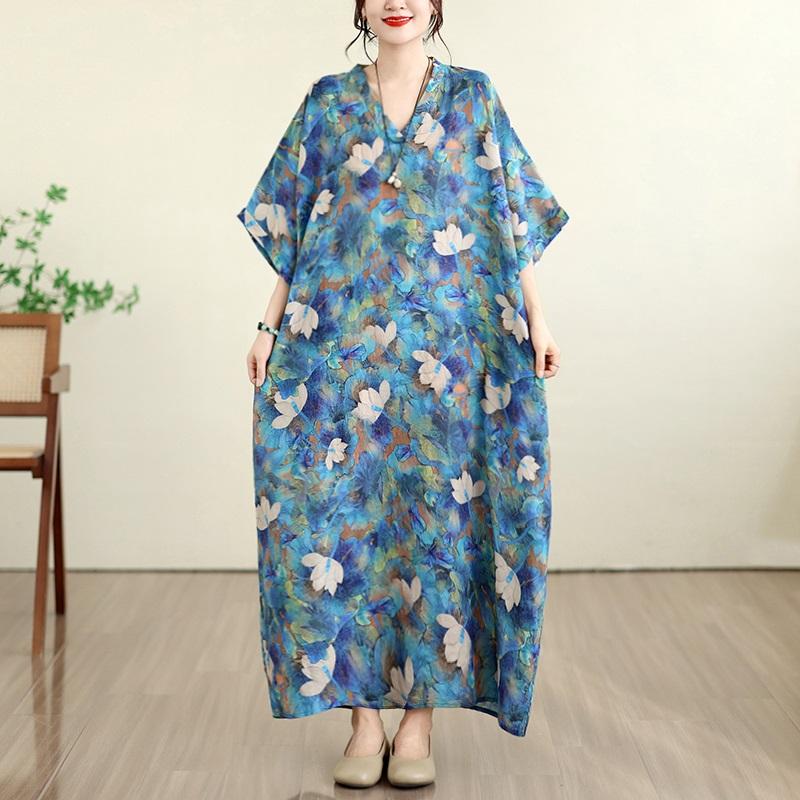 Kurzarm Plus Size Baumwolle Vintage Blumenmuster Neu in Kleidern für Damen lässig locker Maxi langes Sommerkleid