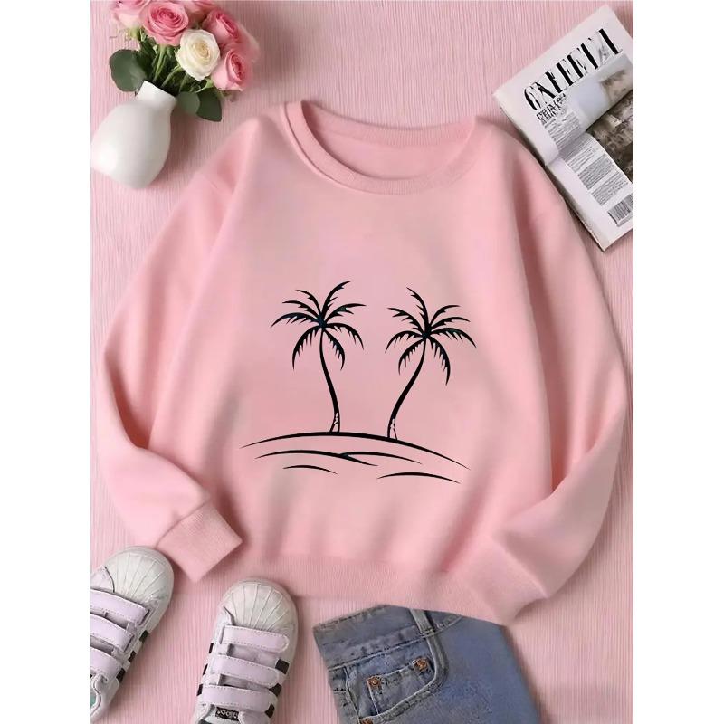 European sizes Kids' Crewneck Sweatshirt - Palm Trees Island Silhouette Background , Sportswear And Casual Wear, Soft And Comfortable
