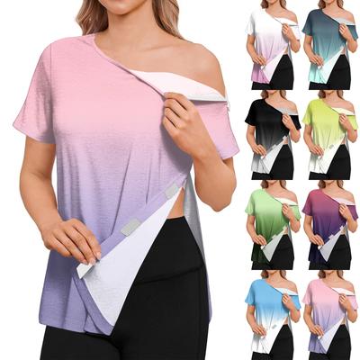 Women's Post-operative Short-sleeved Color Shirt With Shoulder Zipper And Side  Closure.