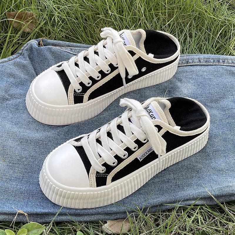 One Shoe and Two White Shoes for Women In 2025 Summer, Thin Thick-soled Heightening Canvas Shoes, Versatile Student Biscuit Shoes