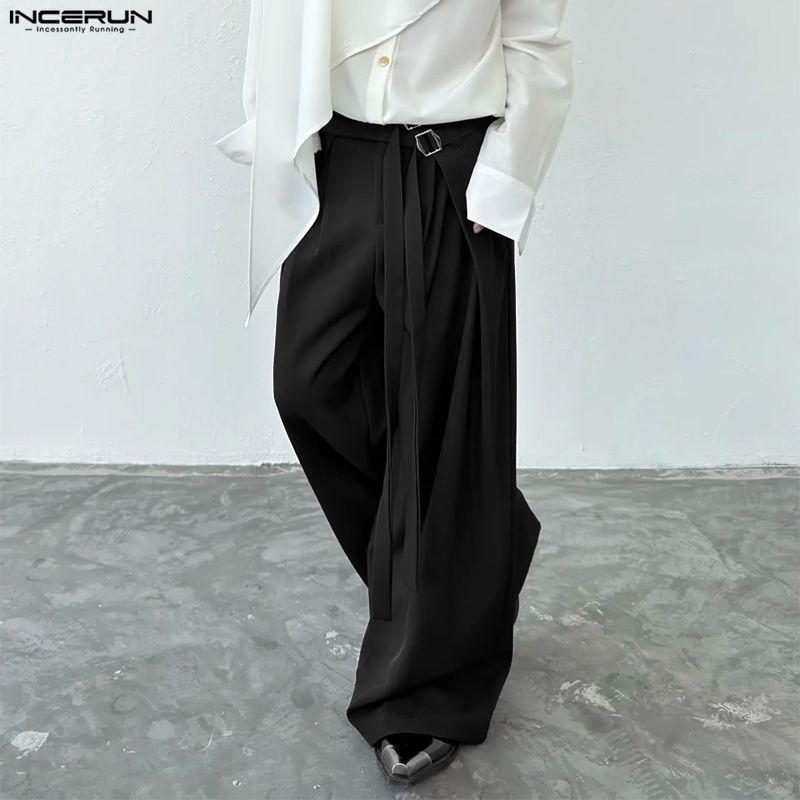 INCERUN Men Double Buckle Belt Drape Loose Fit Wide Leg Pants Long Trousers