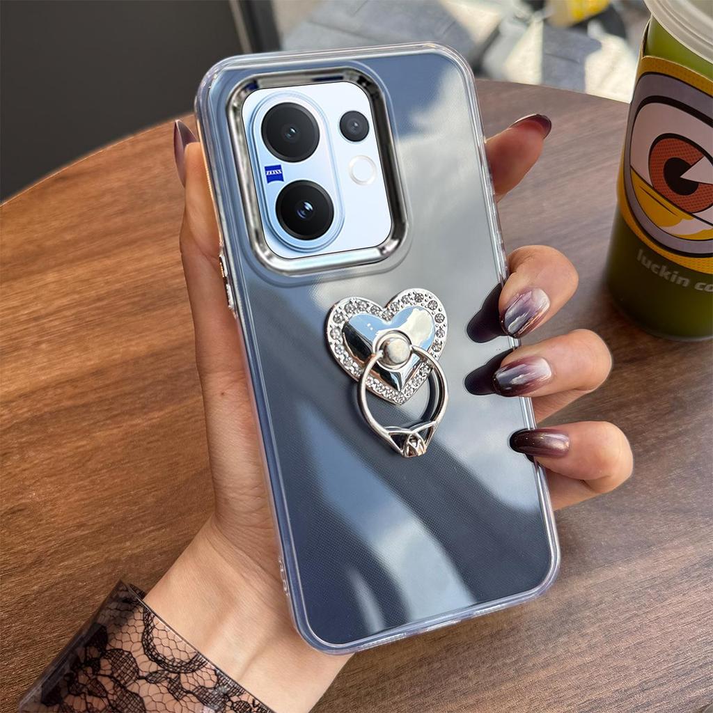 Luxury Bling Rhinestone Heart Ring Bracket Clear Phone Case for Vivo V60 Stand Cover