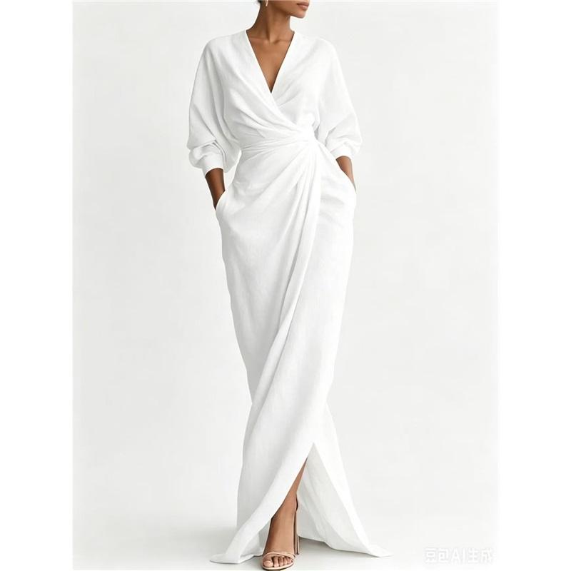 Dames V-hals Wikkel Maxi Jurk Vleermuis Lange Mouw Taille Twist Geplooid Split Zoom Zijzakken Elegante Satijnen Gevoel Avondjurk