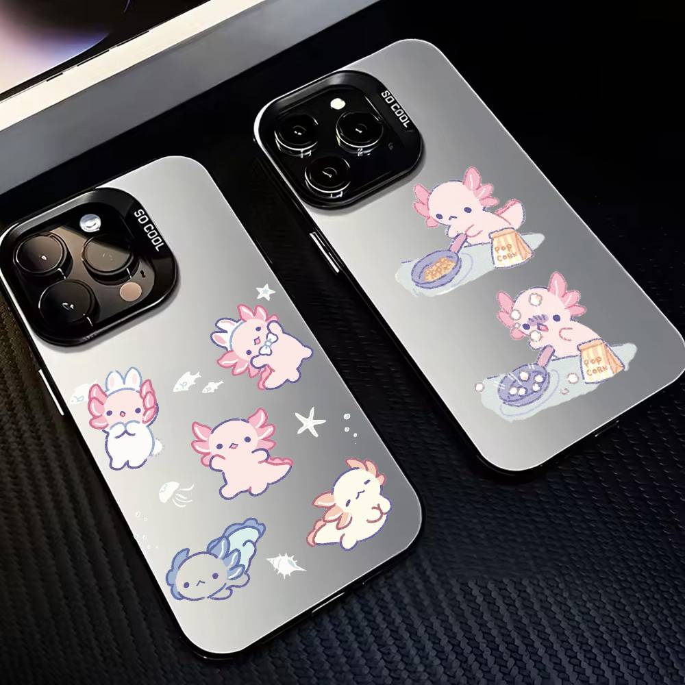 Cute C-Cartoon A-Axolotl Phone Case For iPhone17,16,15,14,13,12,11 Plus,Pro Max Black Candy Silver Plated Cover